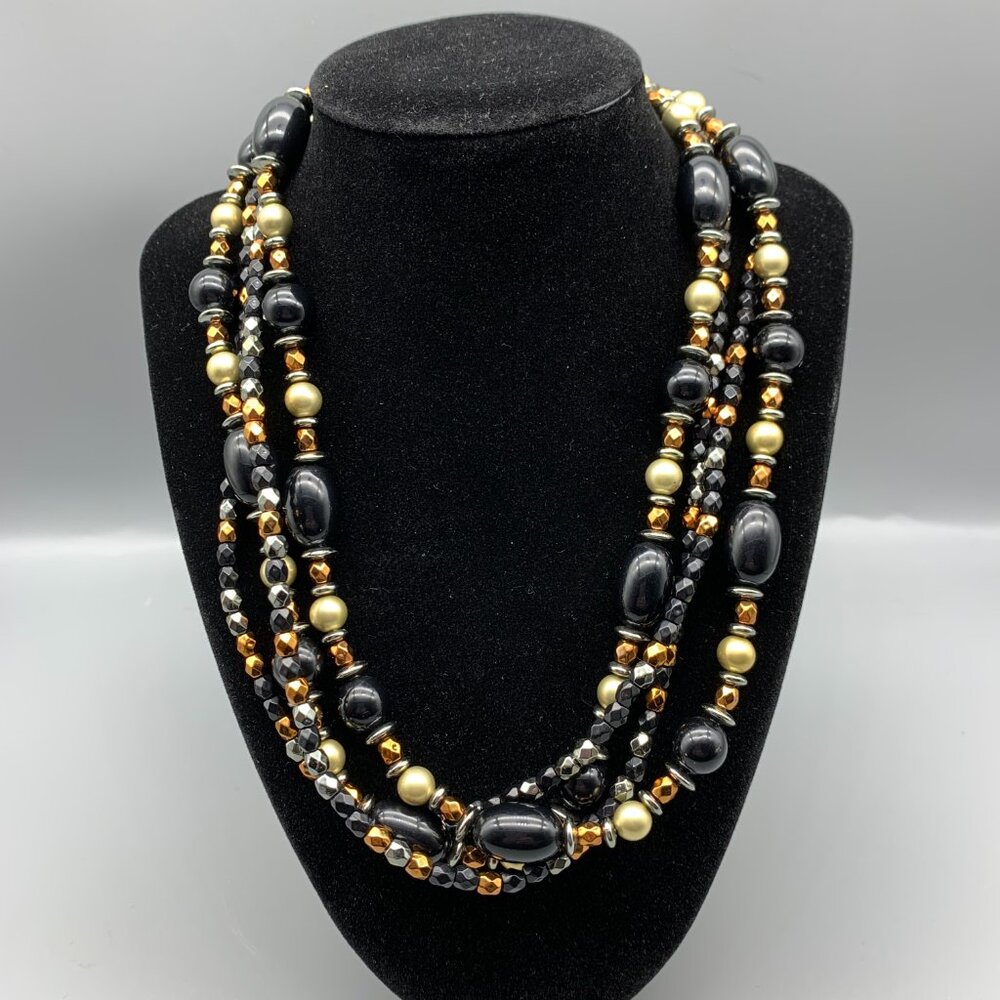 Classic Four Strand Beaded Necklace 19.5" Long Black-Silver-Bronze-Gold Beads